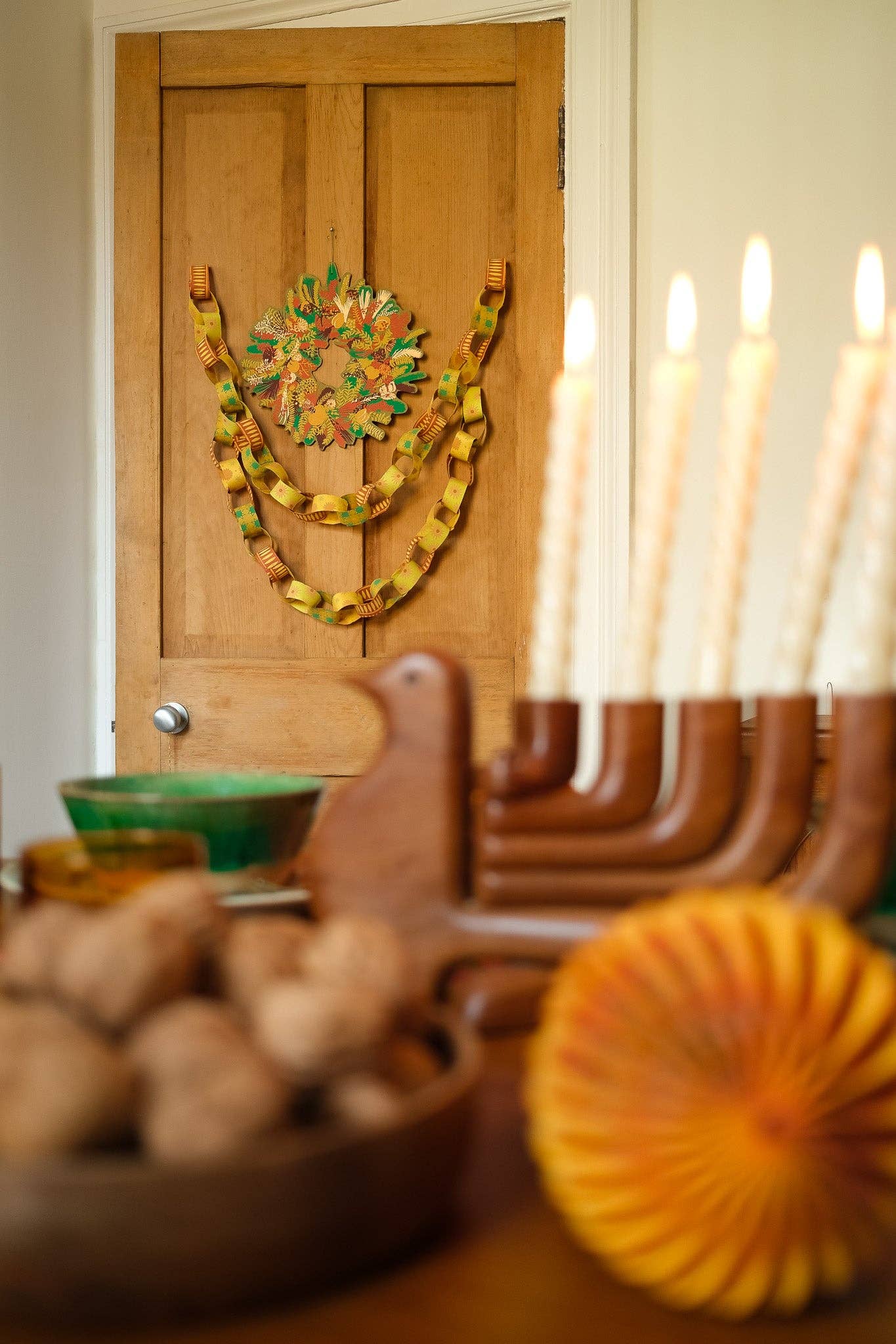Close-up of various yellow and green patterned paper strips