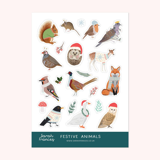 Festive Animals Sticker Sheet by Sarah Frances, A6 size, Christmas birds and animals, matte kiss cut eco-friendly stickers.