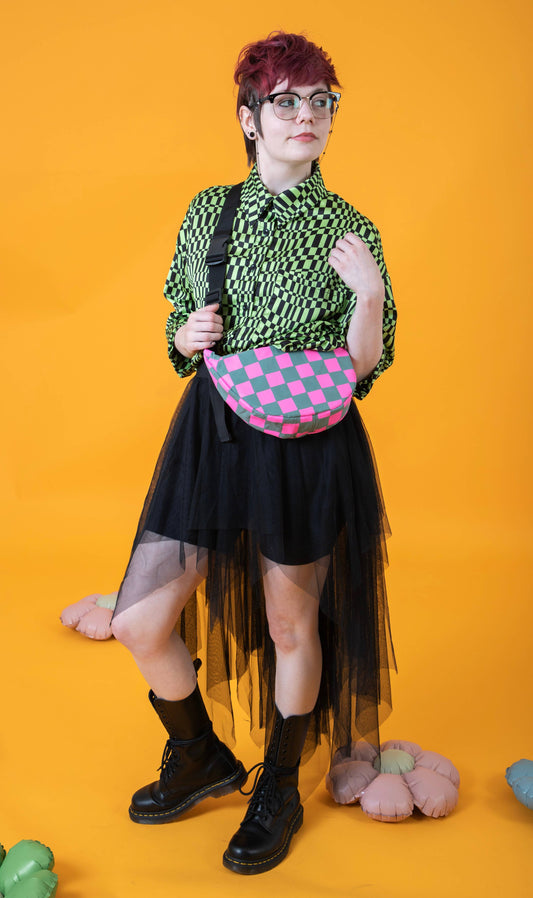 Pink Checkered on Teal Handprinted Waxed Canvas Sling Bag