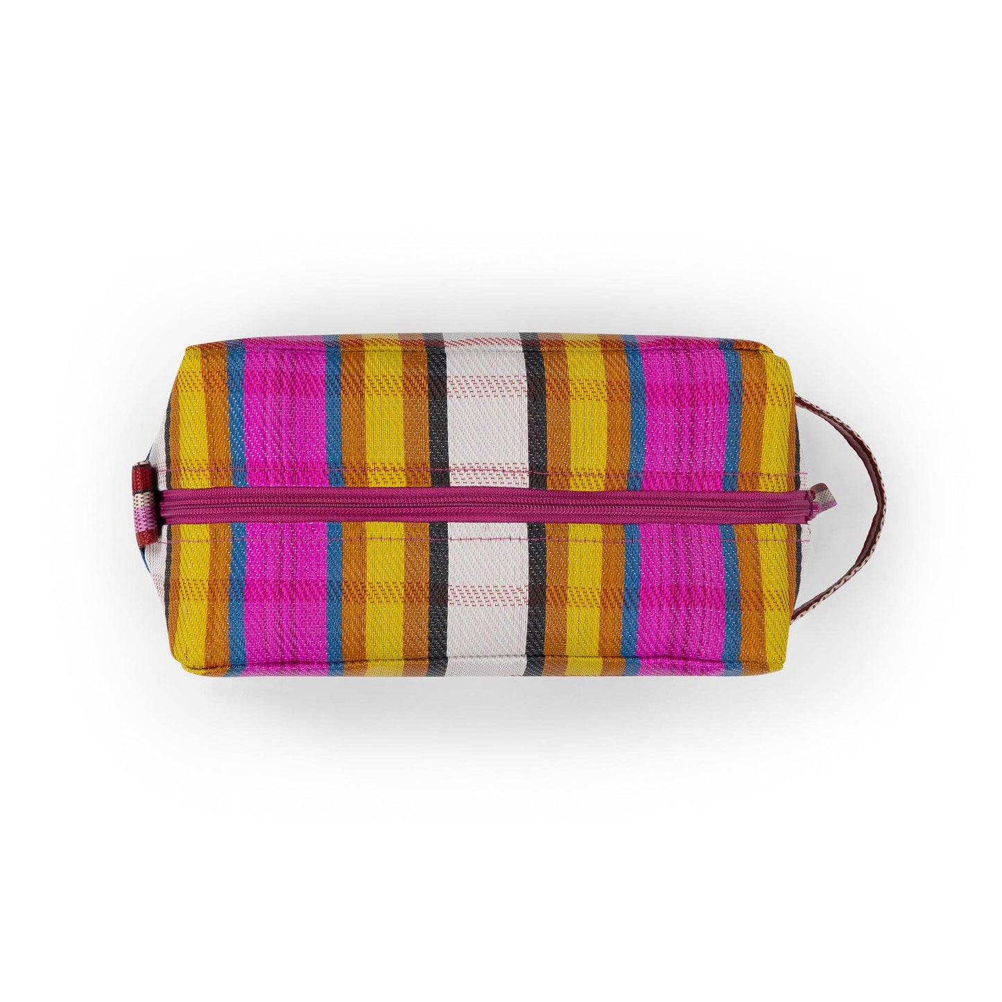 Sustainable travel toiletries bag in yellow and pink stripes