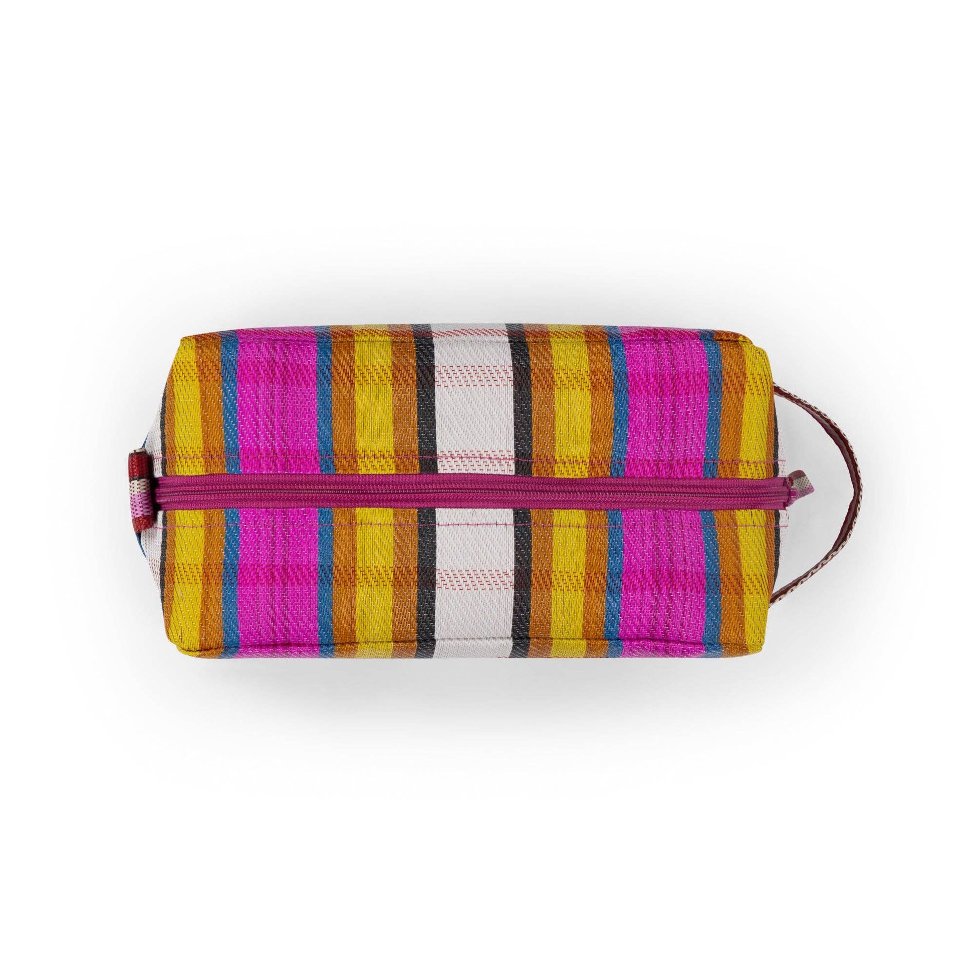 Sustainable travel toiletries bag in yellow and pink stripes