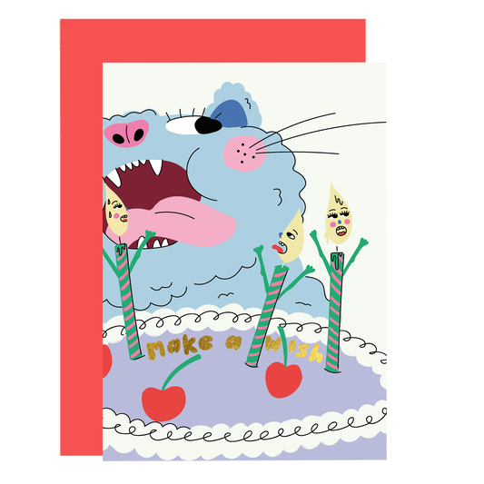 Make a wish hand-illustrated funny birthday card with gold foil finish