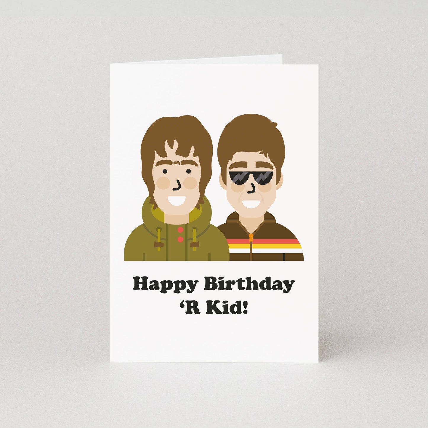 Happy Birthday R'Kid birthday card by Studio Boketto showing illustrated Gallagher brothers, printed on sustainable 300gsm paper, UK made