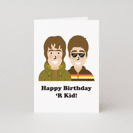 Happy Birthday R'Kid birthday card by Studio Boketto showing illustrated Gallagher brothers, printed on sustainable 300gsm paper, UK made