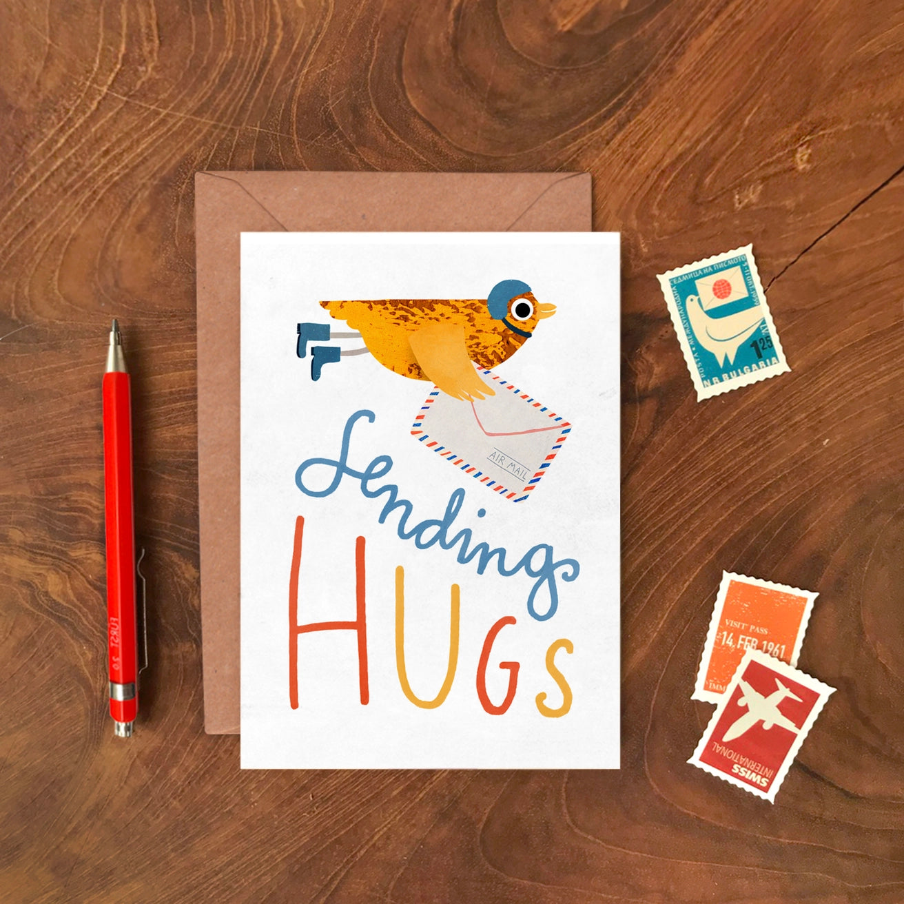 Sending Hugs Bird Greeting Card by Emily Nash Illustration