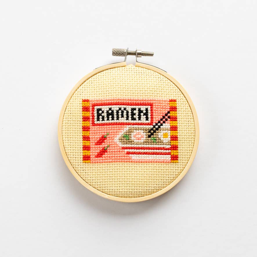 Ramen mini cross stitch kit contents on display