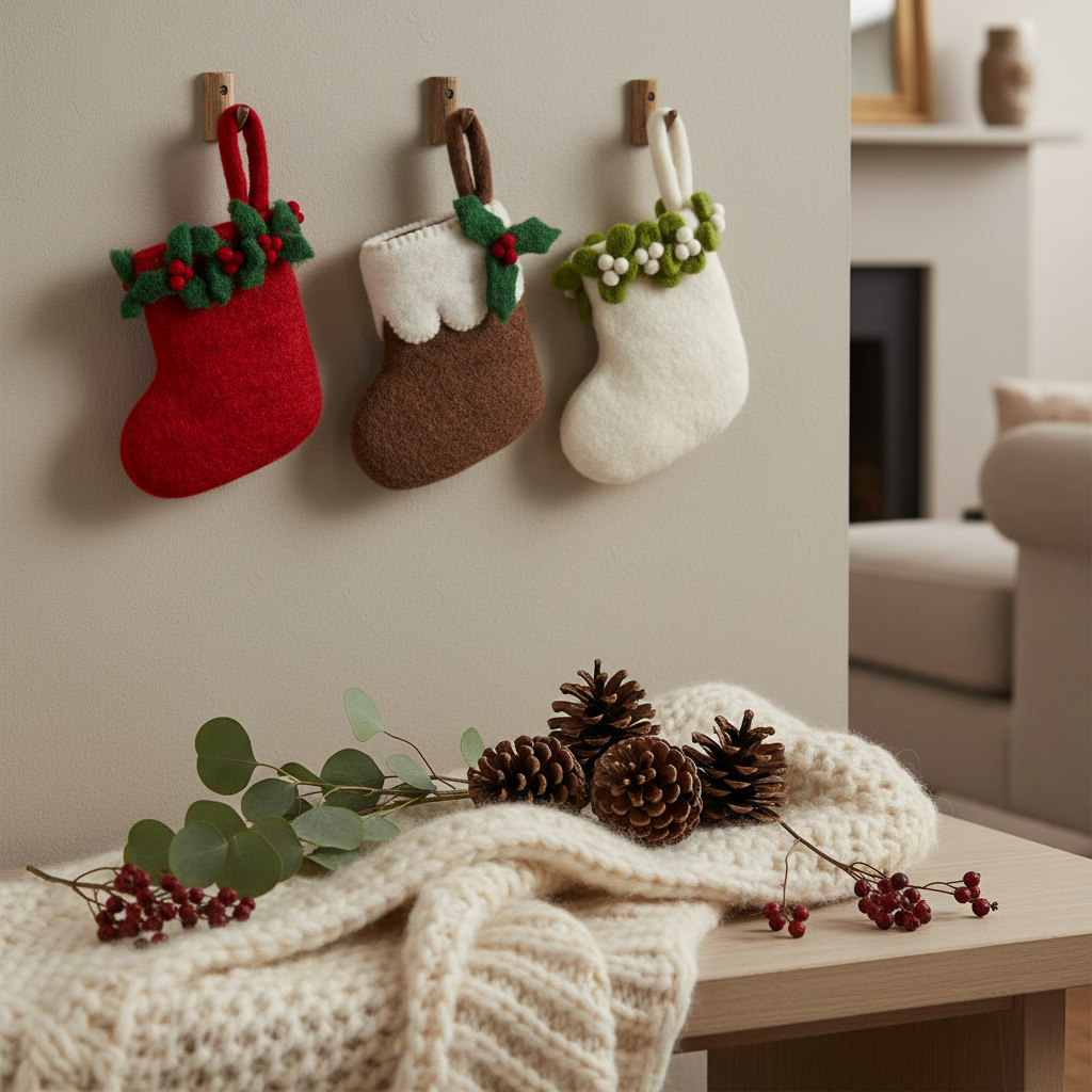 Handmade felt mini Christmas stocking with Christmas Pudding design