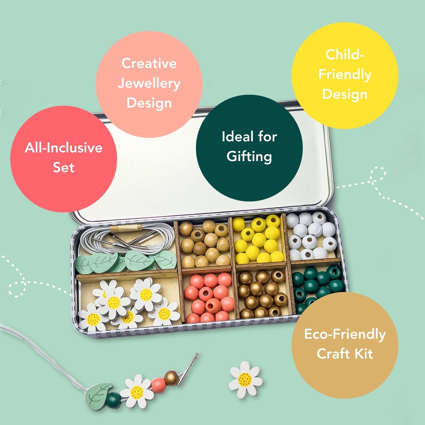Complete contents of the plastic free daisy bead kit