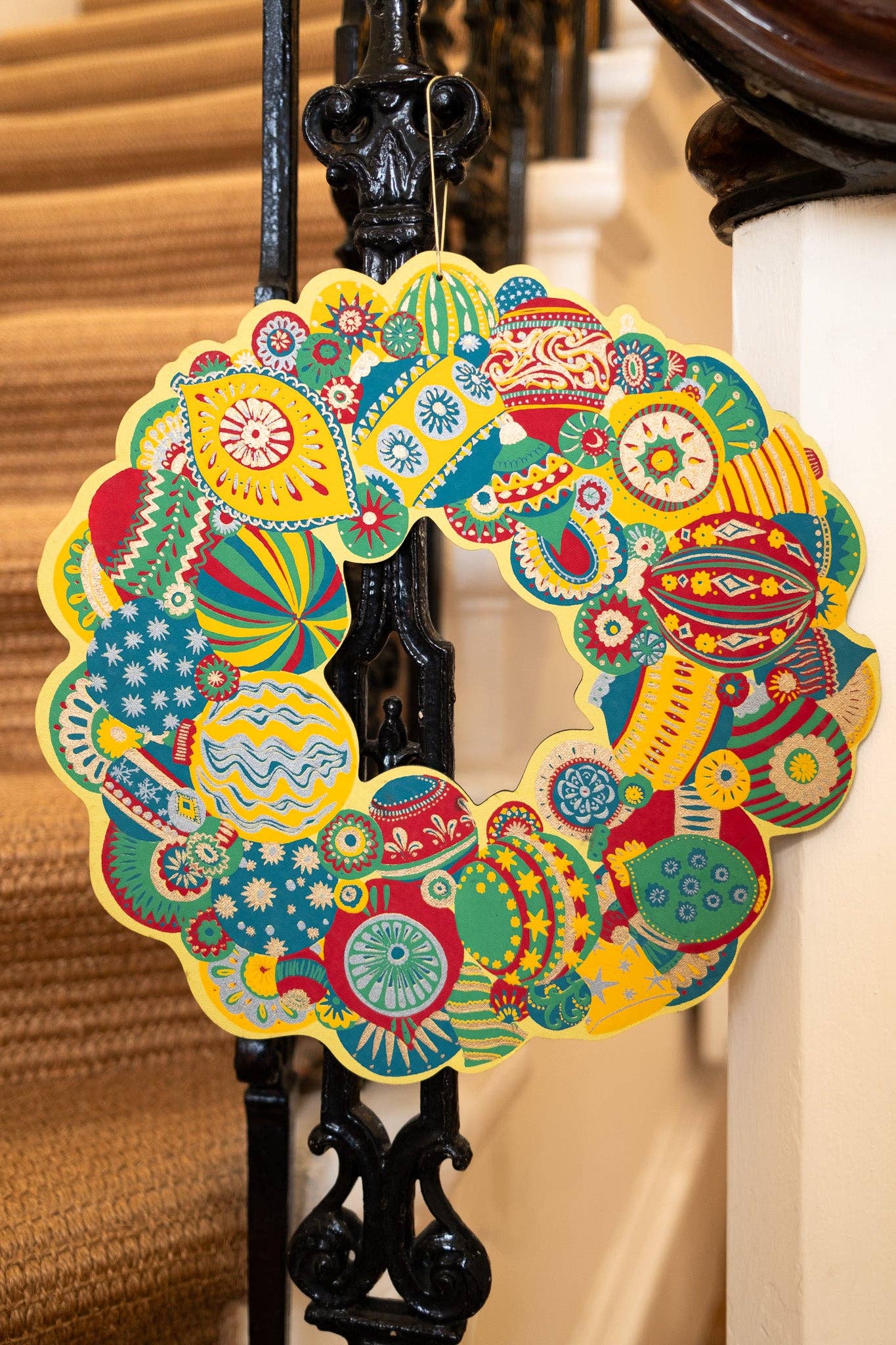 Hand-printed Colourful Bauble Cotton Board Wreath by East End Press with hanging loop, sustainable ornament