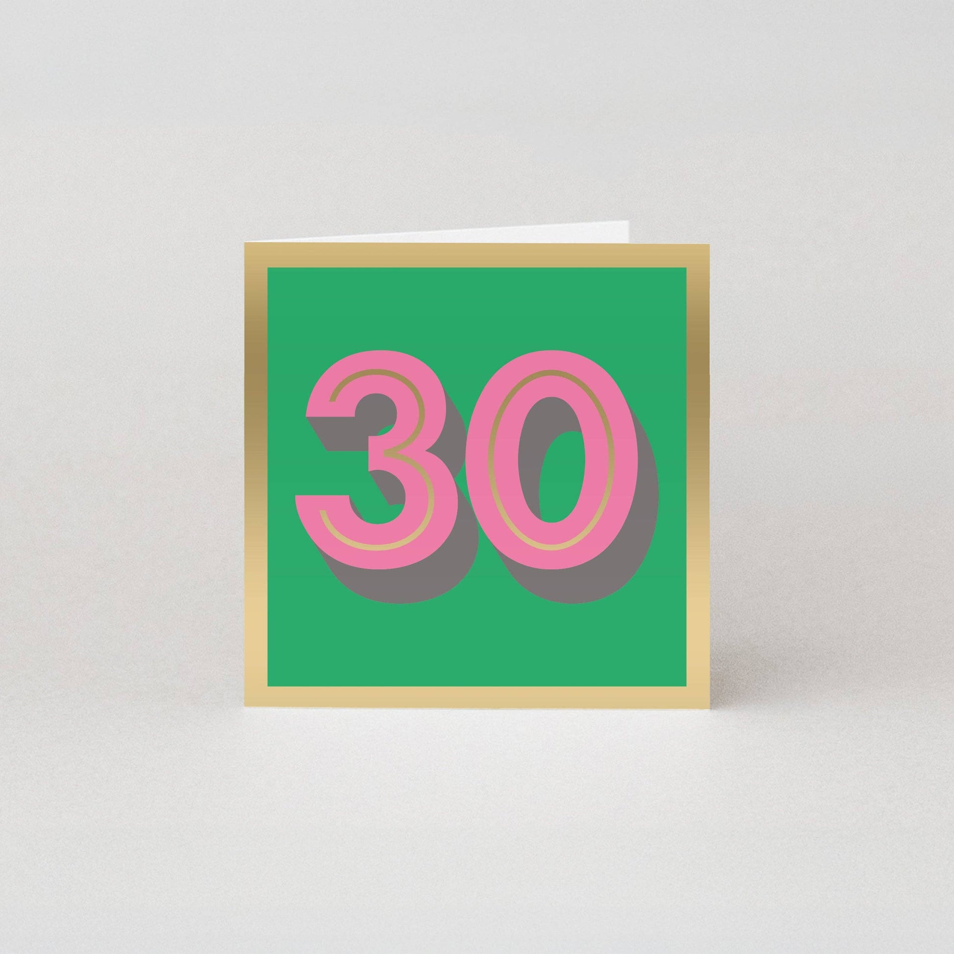 Luxury 30th Birthday Card by Studio Boketto, hot pink '30', gold foil on green, sustainably sourced paper, UK made