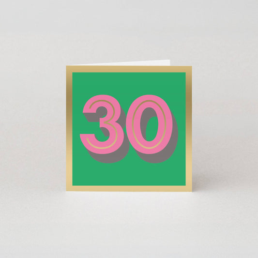 Luxury 30th Birthday Card by Studio Boketto, hot pink '30', gold foil on green, sustainably sourced paper, UK made