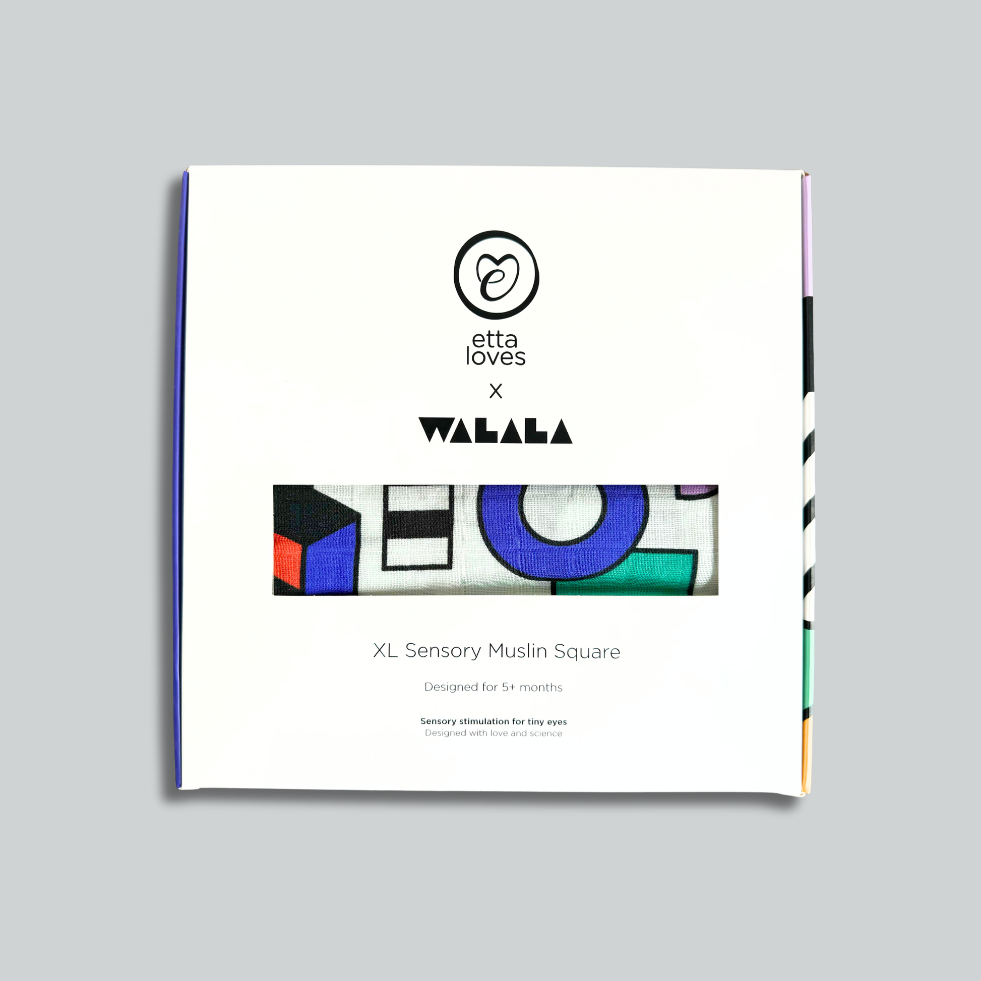 Close-up of Etta Loves Walala organic muslin, showing soft organic cotton texture and intricate 'Shapes' pattern