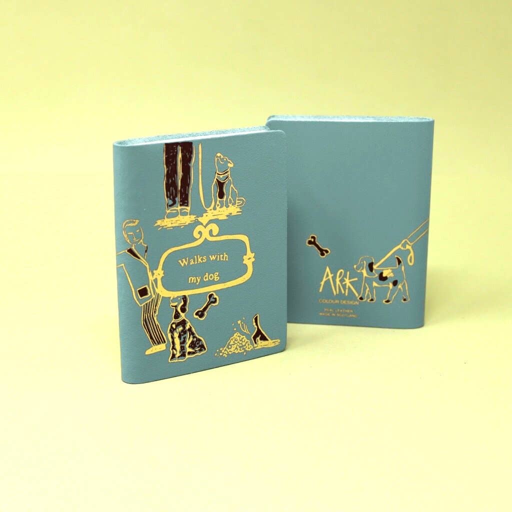 Midi leather journal with gold foil illustration, handmade in Scotland using ethical leather by Ark Colour Design. Pale Blue  leather gold embossed Walks with my dog.