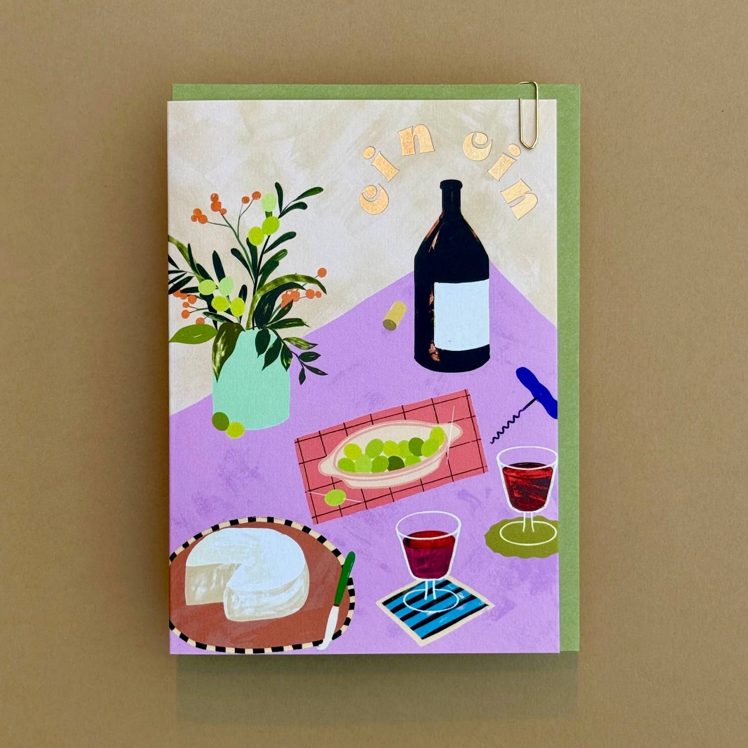 Close up of foiled details on Cin Cin greeting card