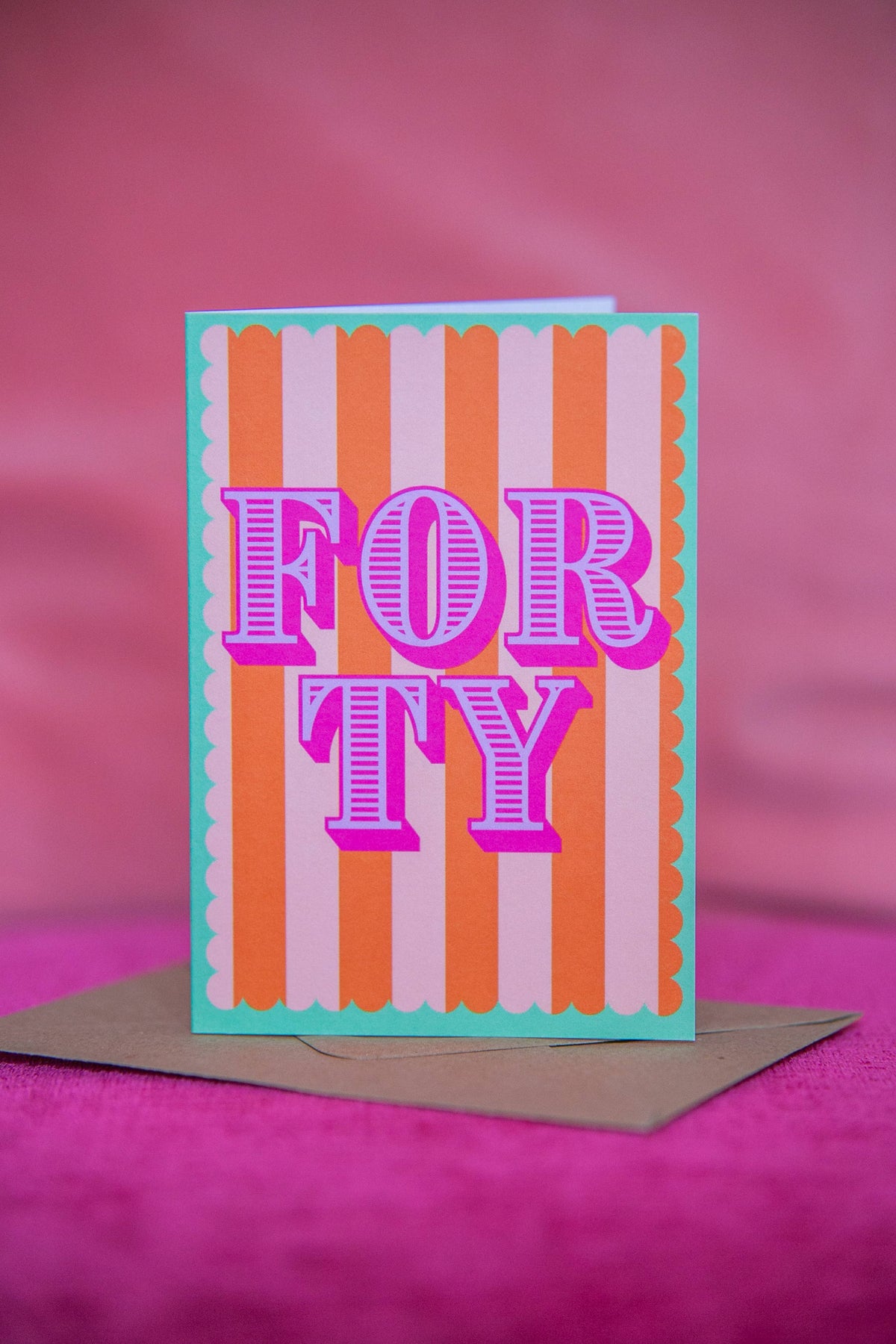 Colourful striped 40th birthday card with brown Kraft envelope