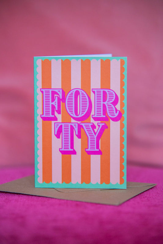 Colourful striped 40th birthday card with brown Kraft envelope