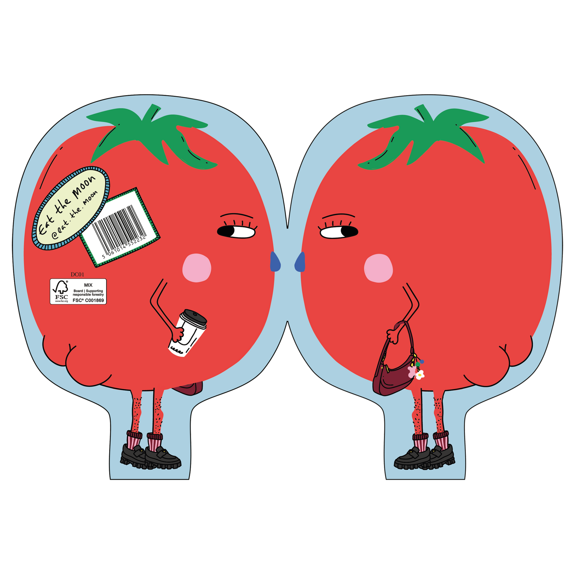 Eat the Moon Hey Tomato! Die Cut Greeting Card front with playful tomato design