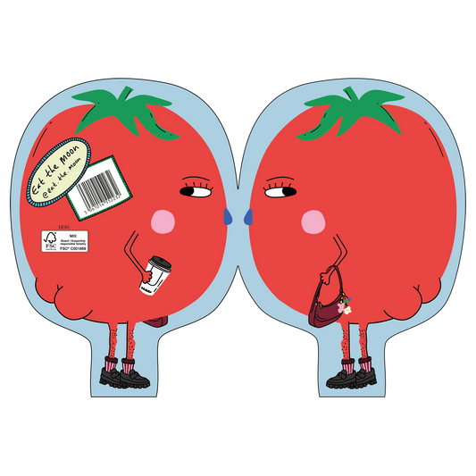 Eat the Moon 'Hey Tomato!' card, close-up showing unique die-cut shape and bright colours