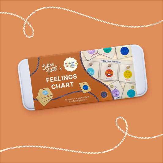 Emotional intelligence learning tool with 16 wooden feelings tokens, sustainable and plastic free