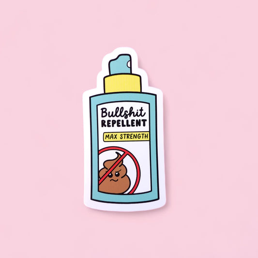 Sunshine Lane Bullshit Repellent Sticker, witty bug spray design, poop no symbol, waterproof glossy vinyl, 3x6.1cm