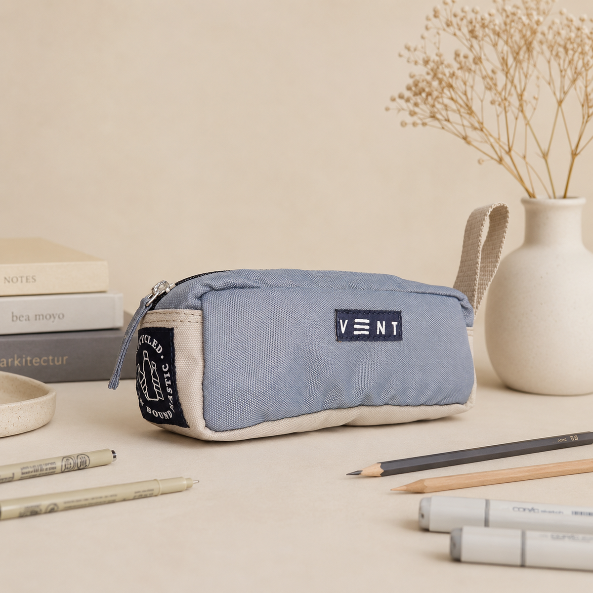 Dusty blue pencil case made from recycled ocean plastic
