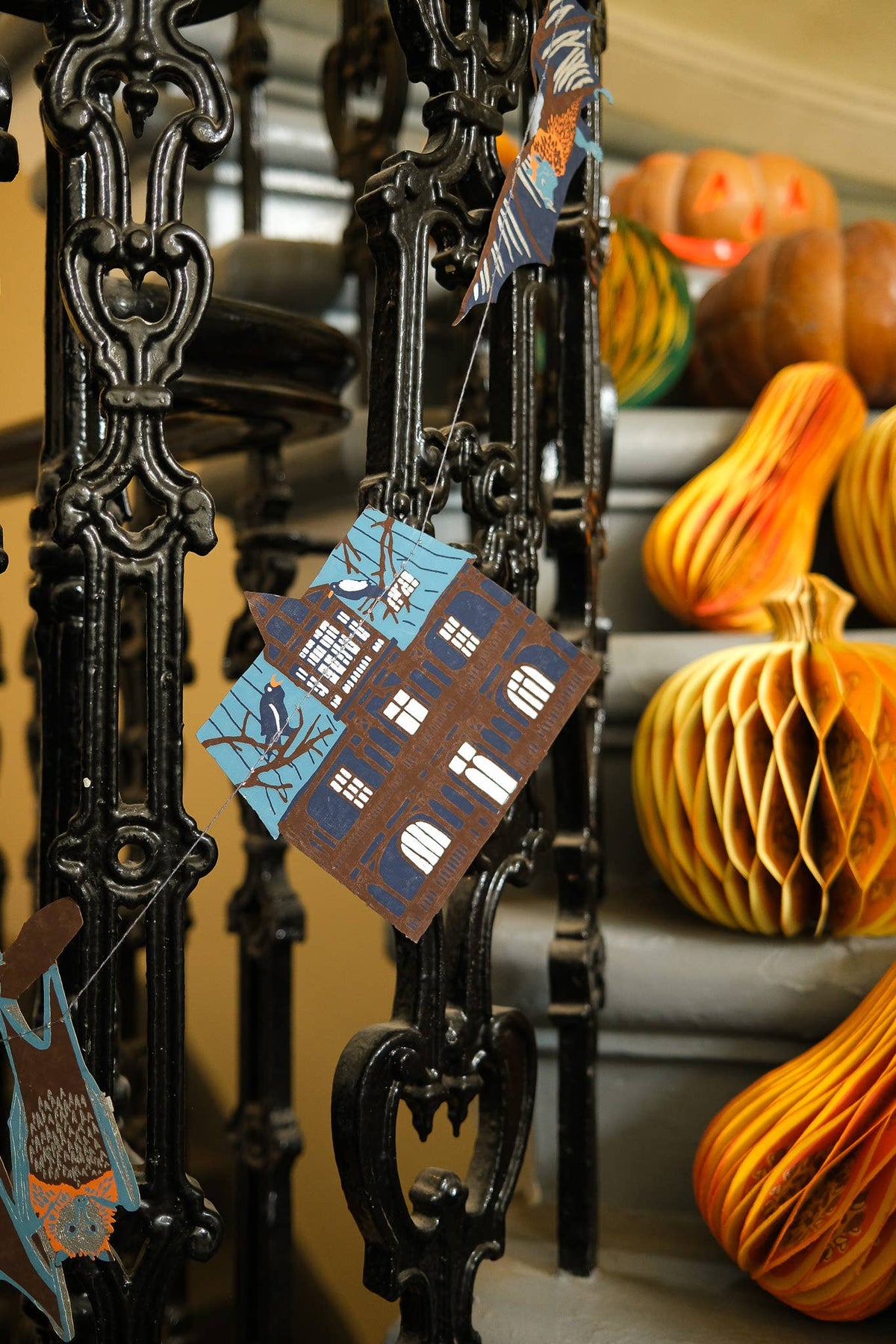 Detail of hand-screen printed Halloween paper shapes