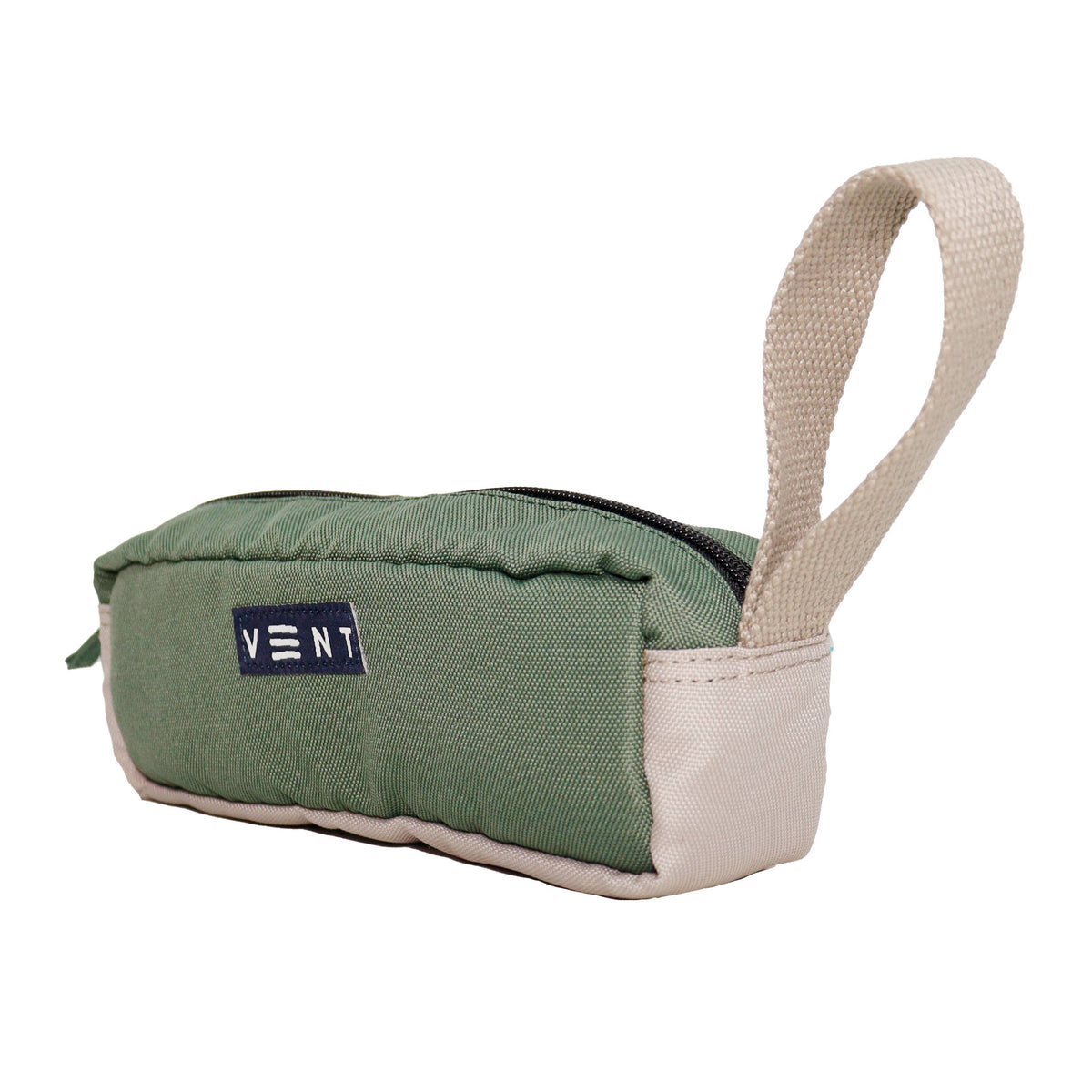 Sage green sustainable pencil case with webbing handle
