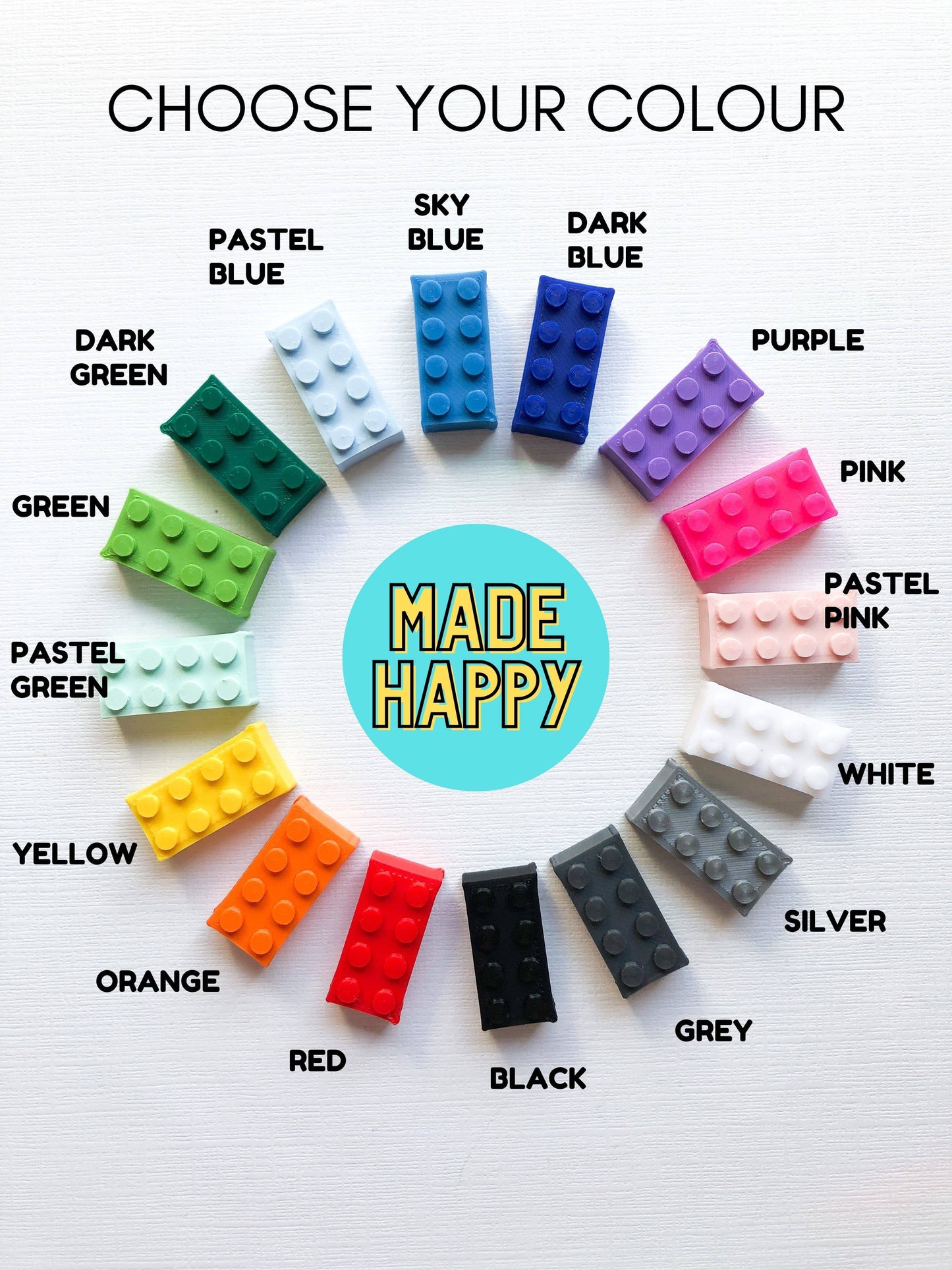 Color swatch of various LEGO-like bricks with labeled colors and 'Made Happy' branding.
