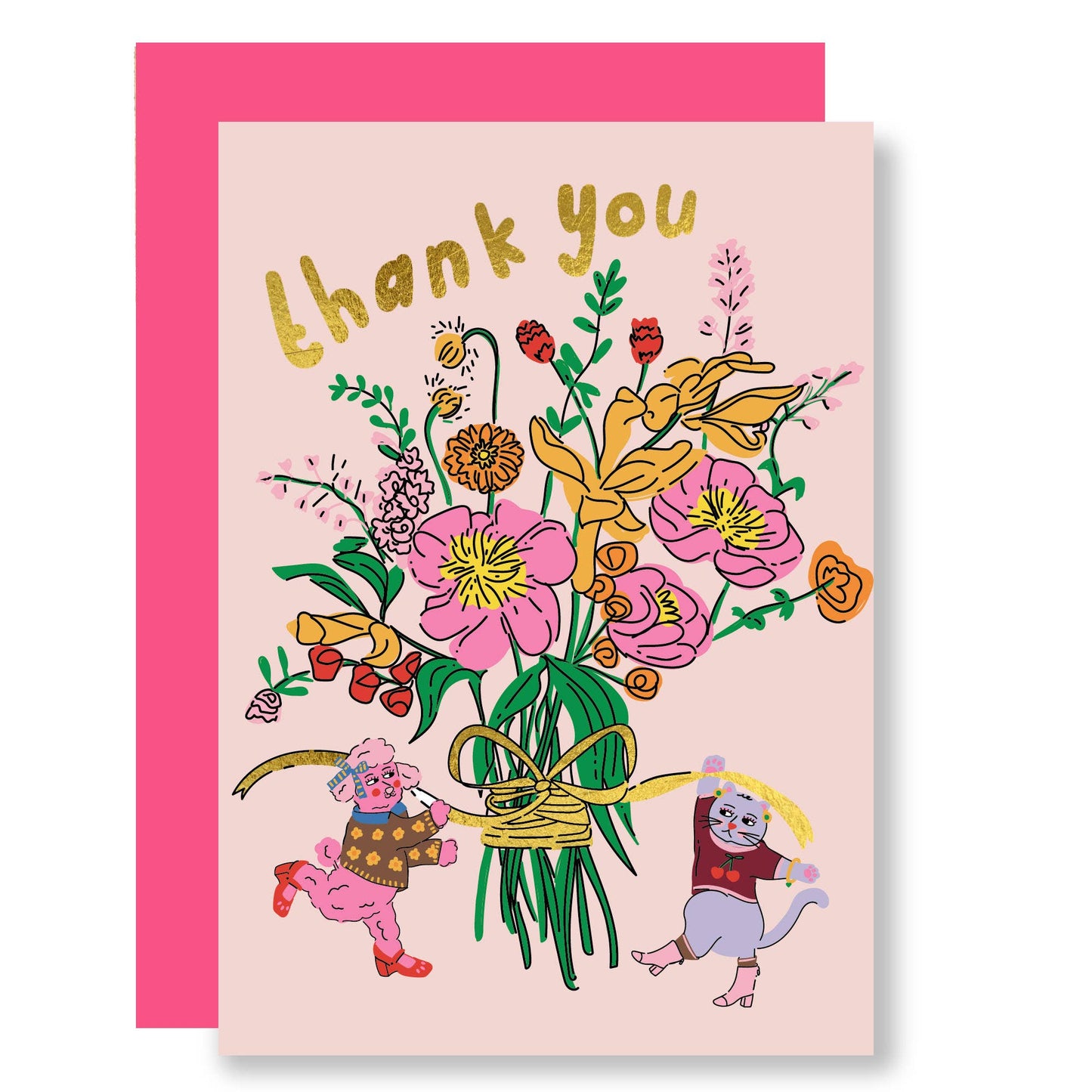 Eco-friendly thank you card with gold foil 'thank you' text, featuring a vibrant illustration of a pink poodle and grey cat presenting a large bouquet of colourful flowers.