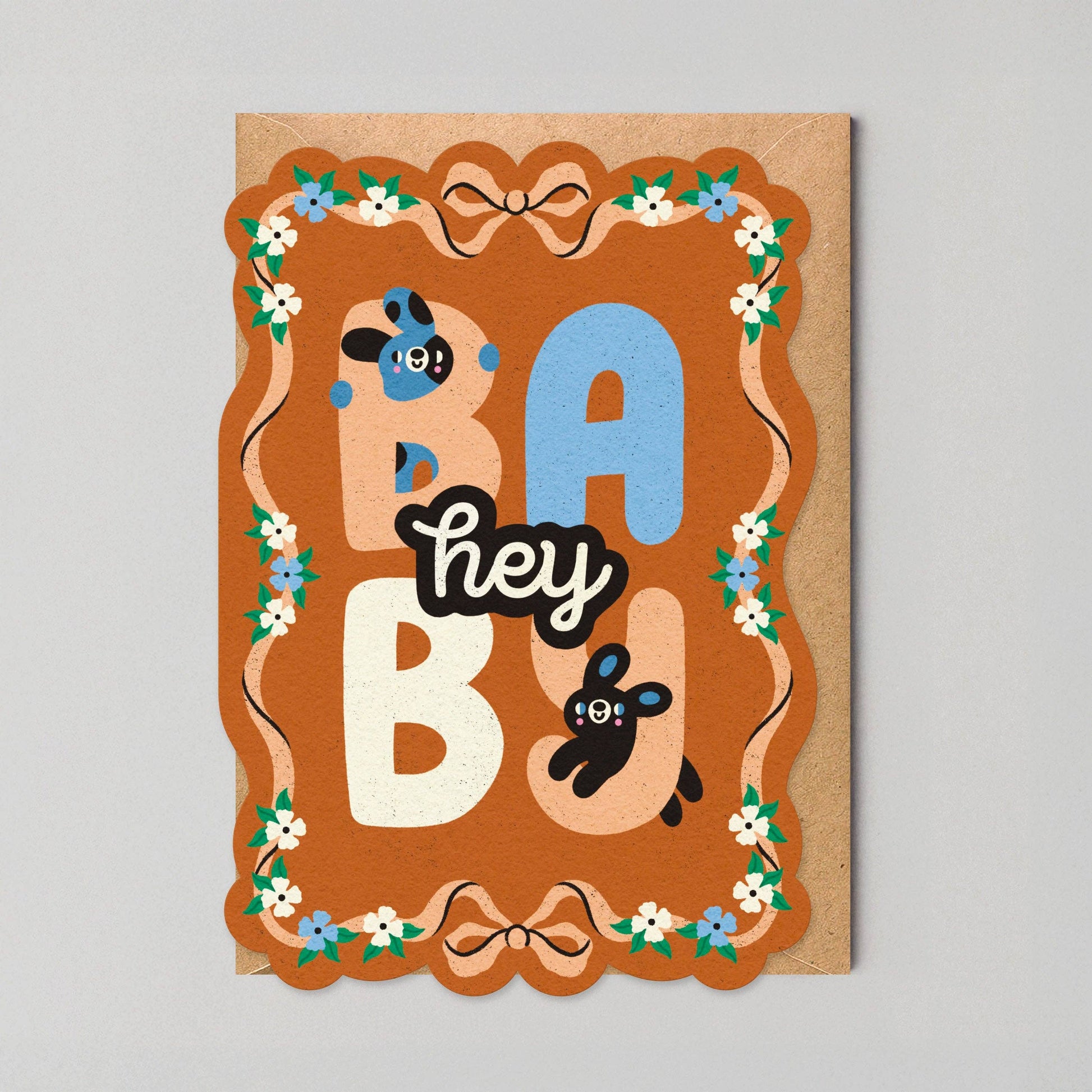 Hey Baby New Baby Card with bunny design and floral border