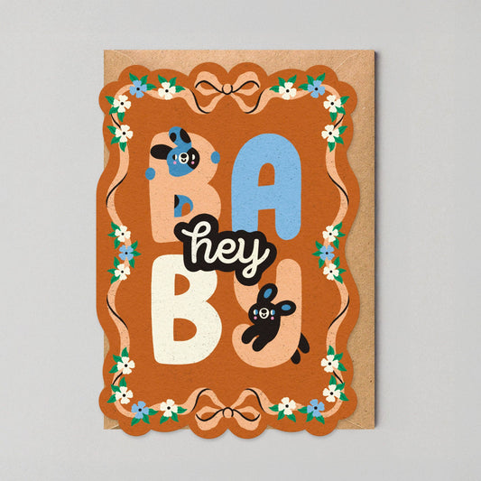 Hey Baby New Baby Card with bunny design and floral border