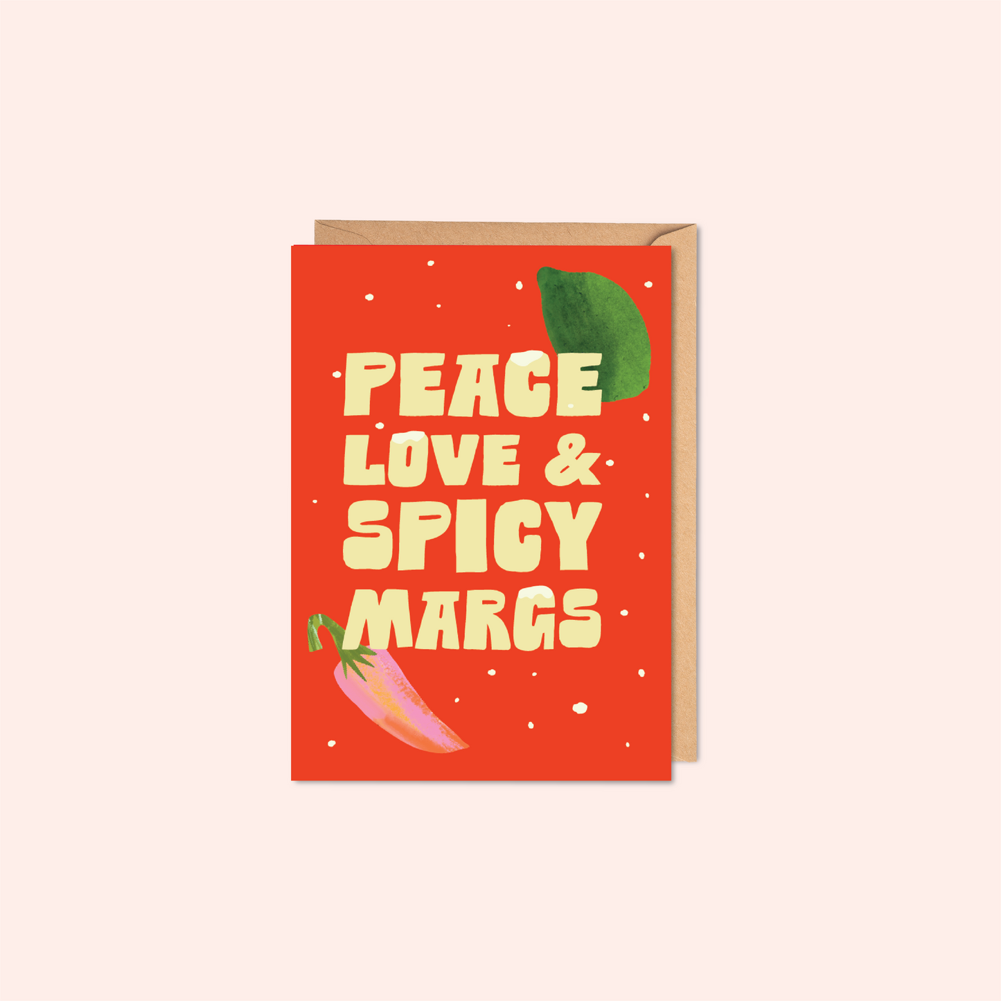 Close-up of A6 Spicy Margs Christmas card showing recycled paper