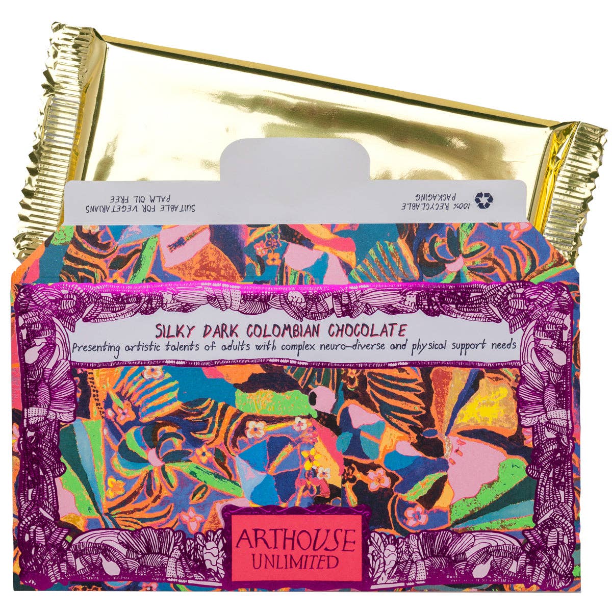 Psychodelia silky dark Colombian chocolate bar with vibrant purple artwork by Laura Tregellas, wrapped in recyclable packaging.