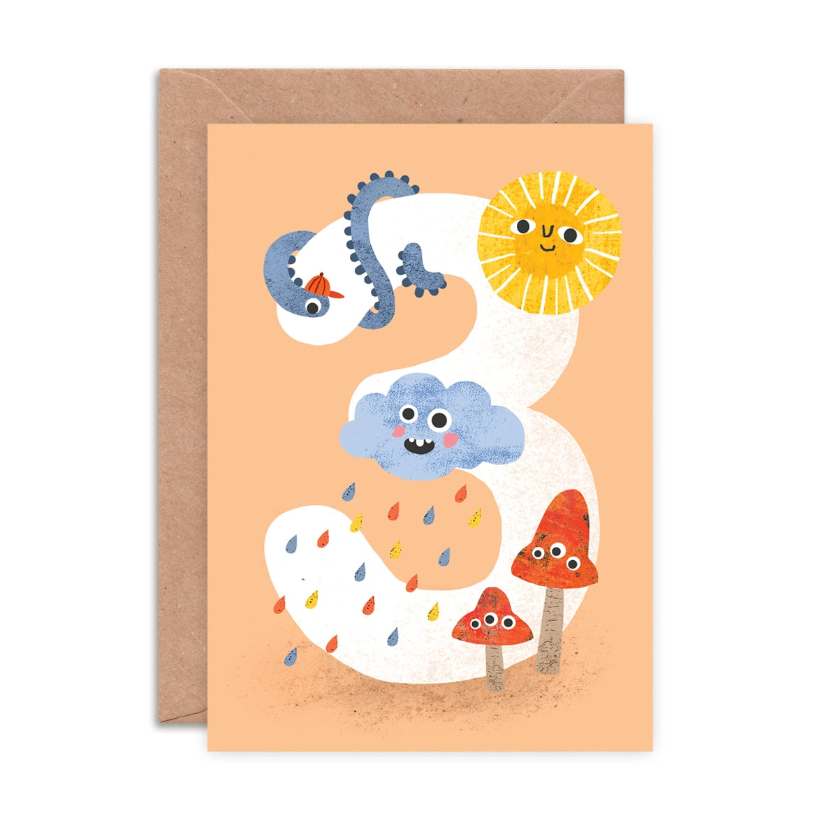 Age 3 birthday card with colourful cloud, sun, and mushroom illustrations on a peach background. Made in the UK.