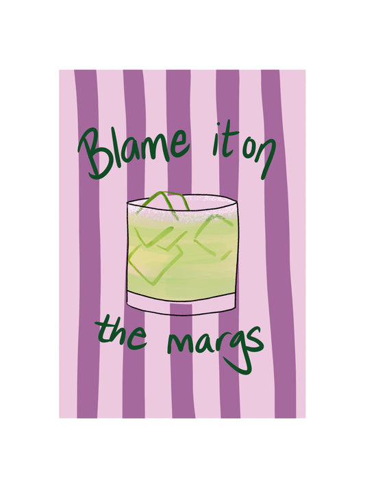 Funny 'Blame It On The Margs' A6 birthday card with cocktail illustration and brown kraft envelope