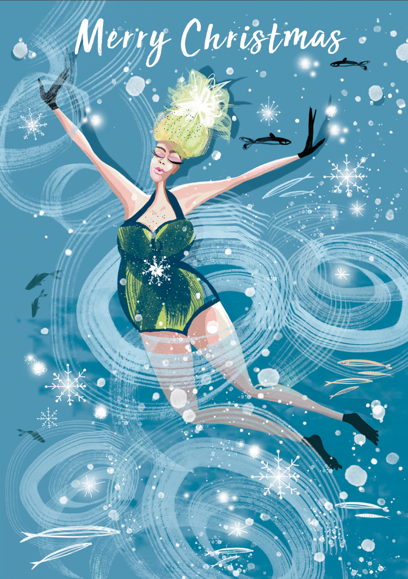 Wild swimming Christmas card design with white envelope