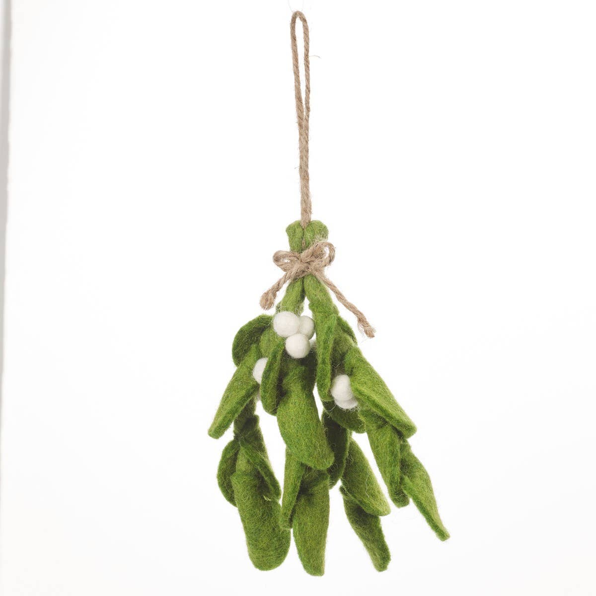 Close-up of biodegradable needle felted mistletoe tied with natural rope