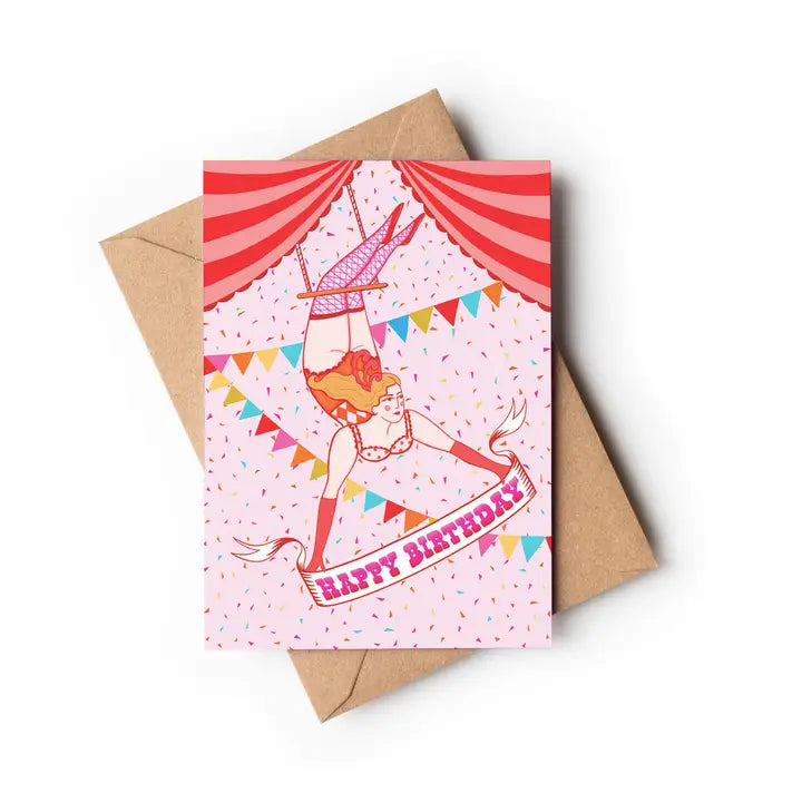 Detail of sustainable Circus Birthday Card with trapeze artist, UK made, eco-friendly Perlino Cotton