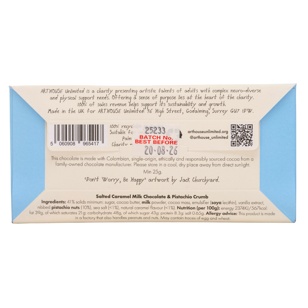 Joy Sized: Be Happy salted caramel milk chocolate bar with pistachio crumb, wrapped in recyclable paper featuring Jack Churchyard’s artwork.