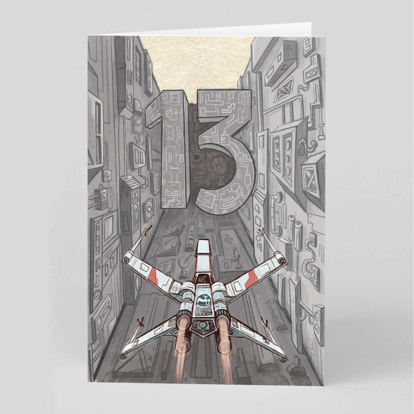Age 13 card, showing an illustration of a fighter pilot from star wars flying through the Death Star.