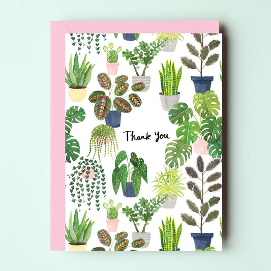 Plants Thank You Greetings Card by Sarah Frances, indoor plants design, A6 size, 300gsm card stock with pink envelope.