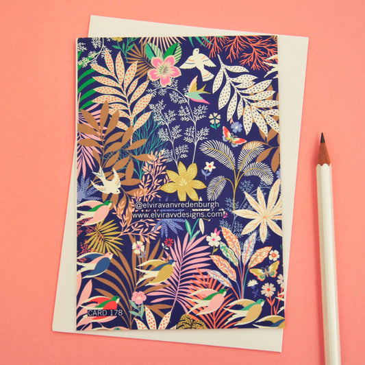 Close-up of a 60th birthday card showcasing dark floral design, sustainably sourced, eco-friendly, with cream envelope.