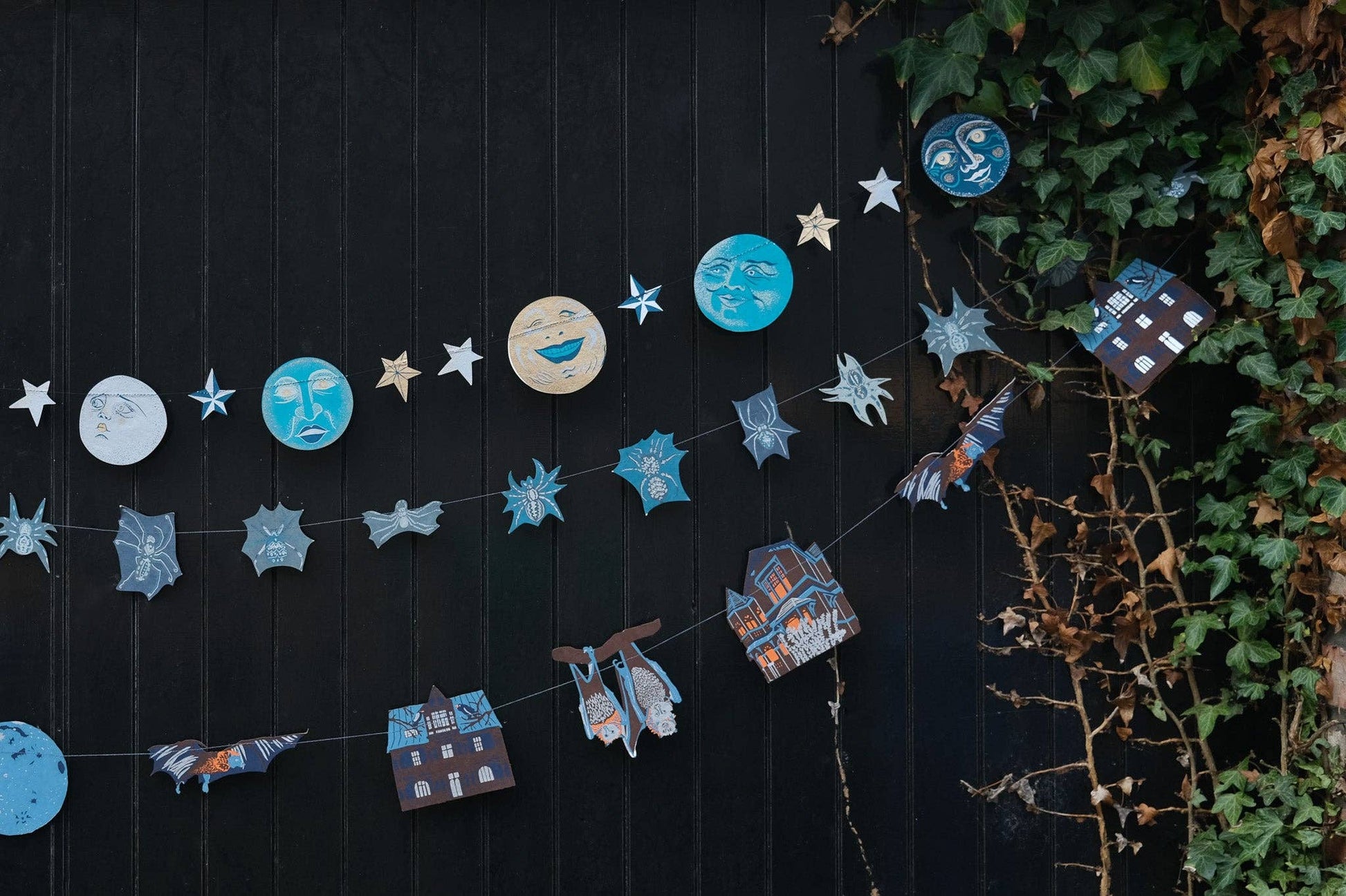 Hand-sewn recycled Halloween garland with 20 spooky screen-printed spiders