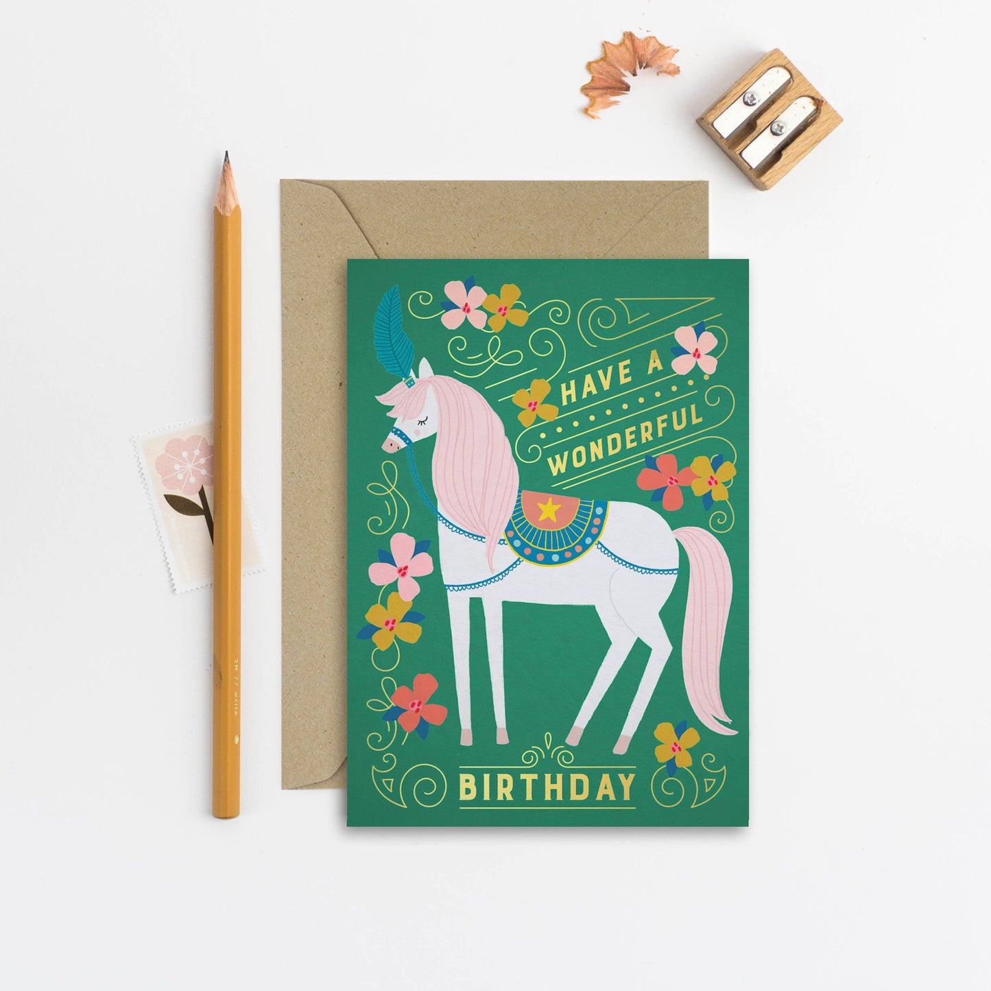 Mifkins Circus Horse children’s birthday card with illustrated white horse and gold foil details