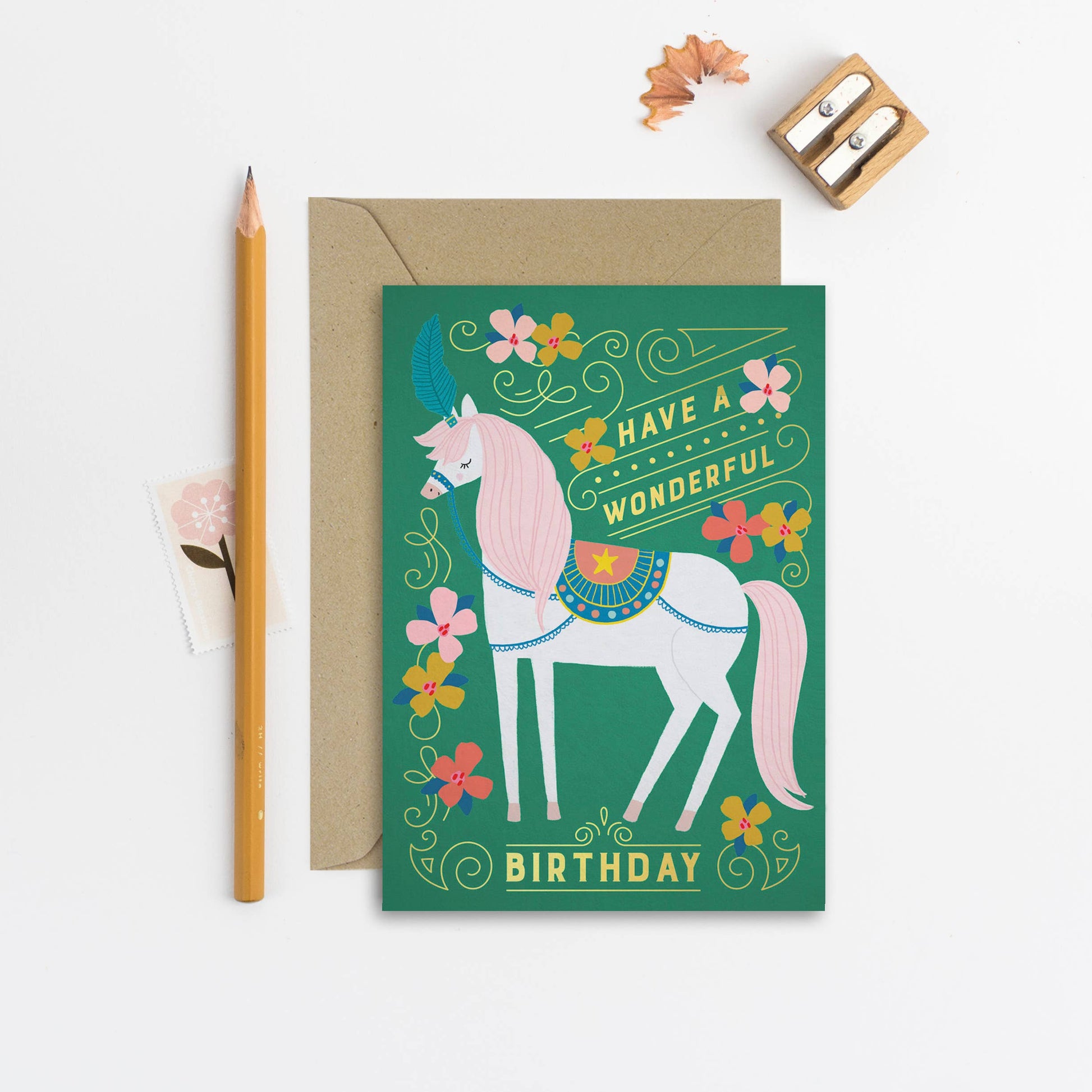 Mifkins Circus Horse children’s birthday card with illustrated white horse and gold foil details