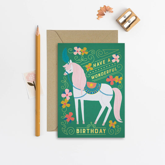 Mifkins Circus Horse children’s birthday card with illustrated white horse and gold foil details