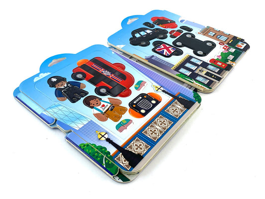 Sustainably sourced London pop-out playset pieces including a black taxi