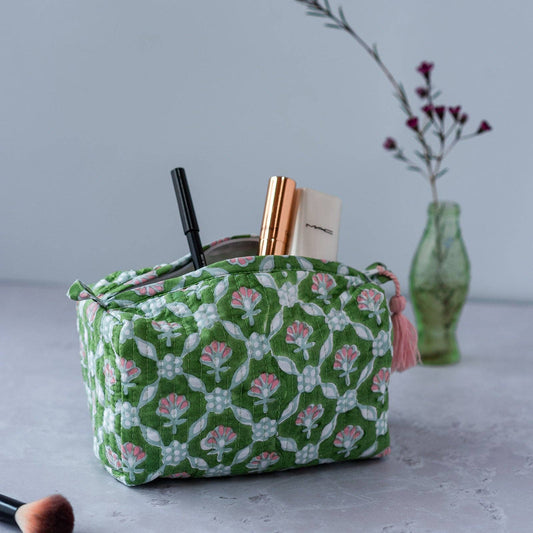 Petal block printed cosmetic bag with floral design