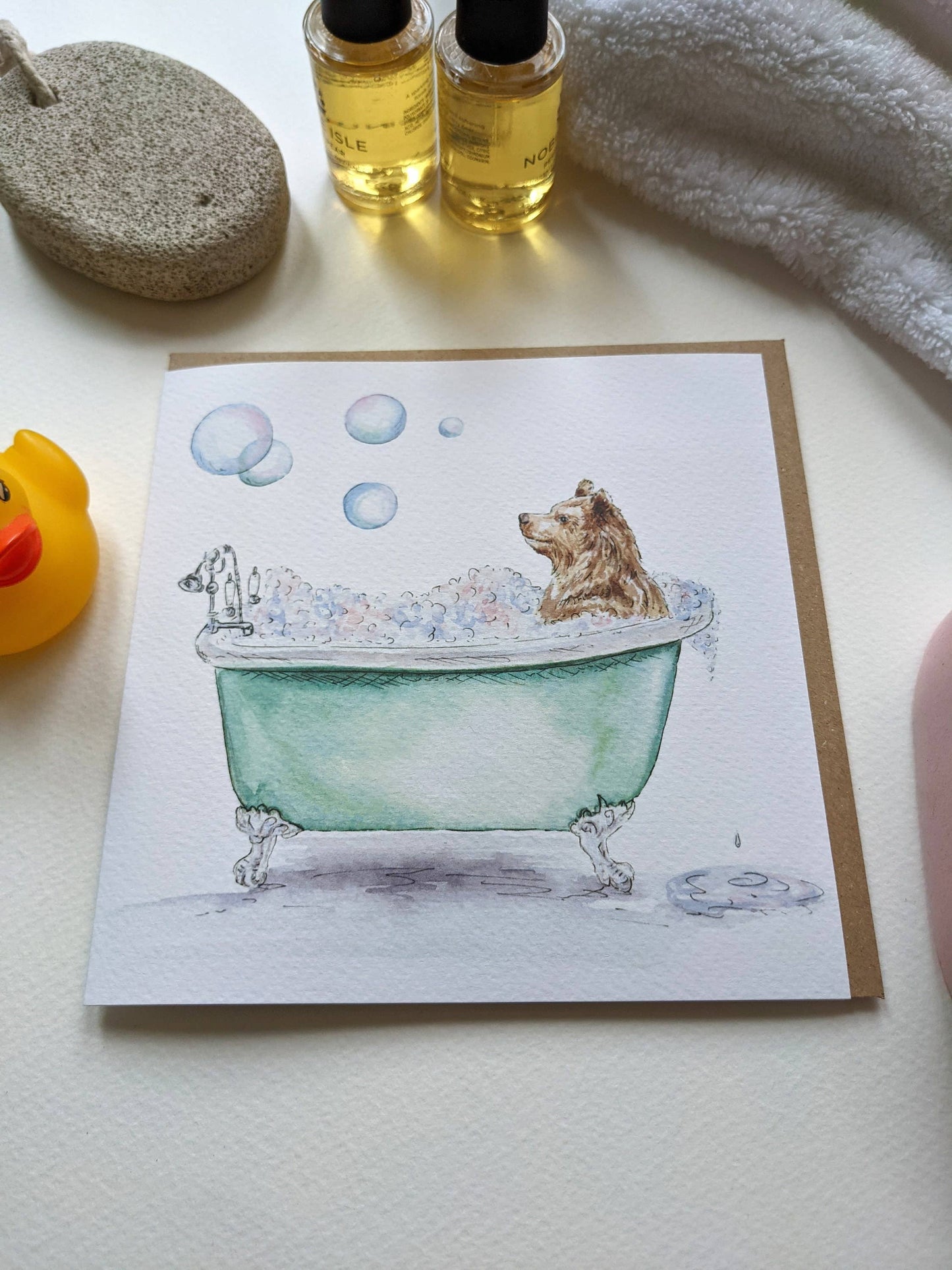 Bear in Bath greeting card with brown kraft envelope