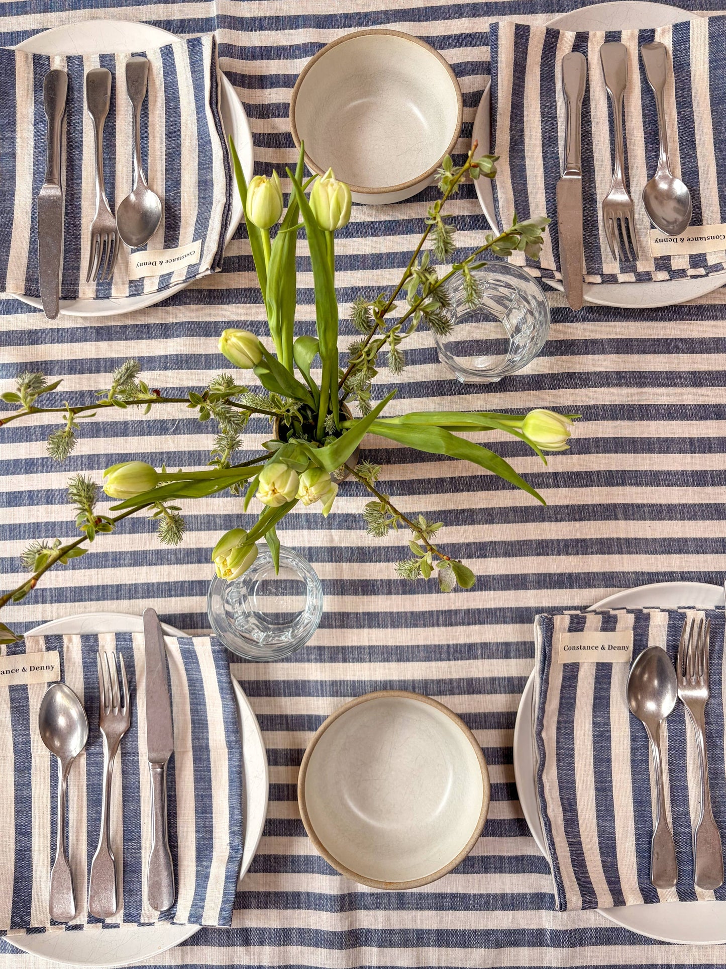 Close up of the texture and weave of the indigo stripe cotton napkin